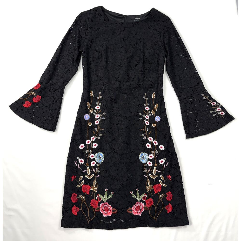 Desigual Vermond dress black lace floral embroidery bell sleeves Sz 36 - Picture 2 of 12
